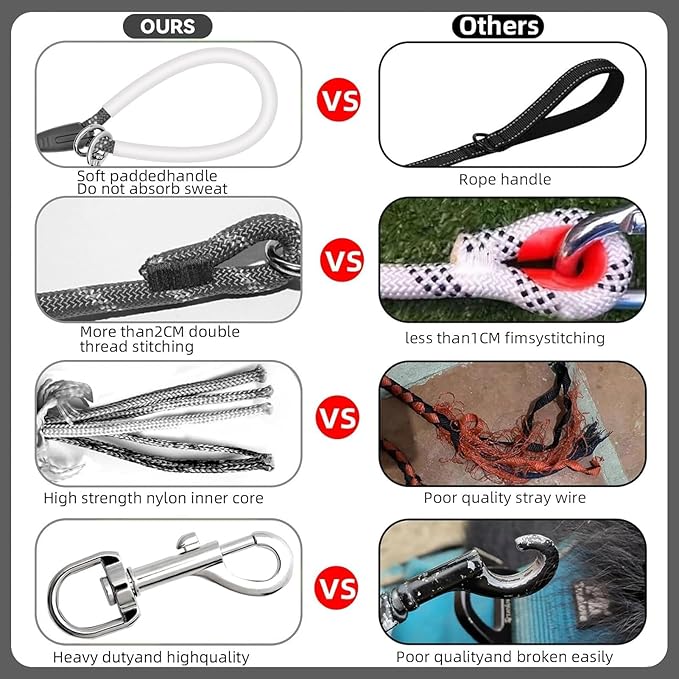 Nylon Dog Leash 6FT 10FT 20FT 30FT Diameter 2/5 Inch with Comfortable Silicone Handle Highly Reflective No Tangle for Medium Large Dogs Outside Walking Camping Backyard. (Black, 20FT * 2/5Inches)