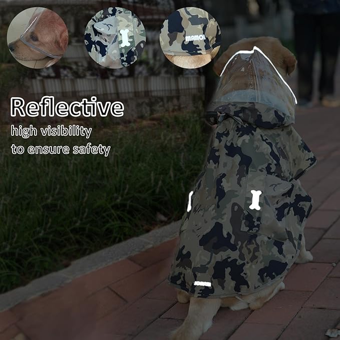 Waterproof Dog Raincoat, Adjustable Reflective Lightweight Pet Rain Clothes with Poncho Hood(XX-Large,Camo)