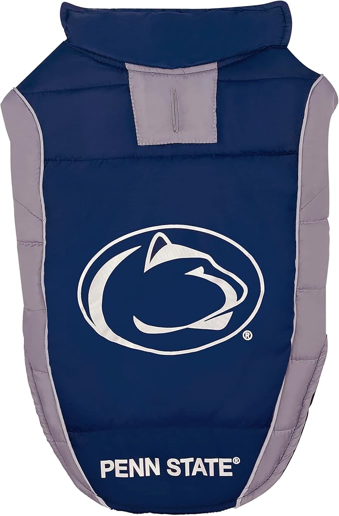NCAA Penn State Nittany Lions Puffer Vest for Dogs & Cats, Size Small. Warm, Cozy, and Waterproof Dog Coat, for Small and Large Dogs/Cats. Best NCAA Licensed PET Warming Sports Jacket