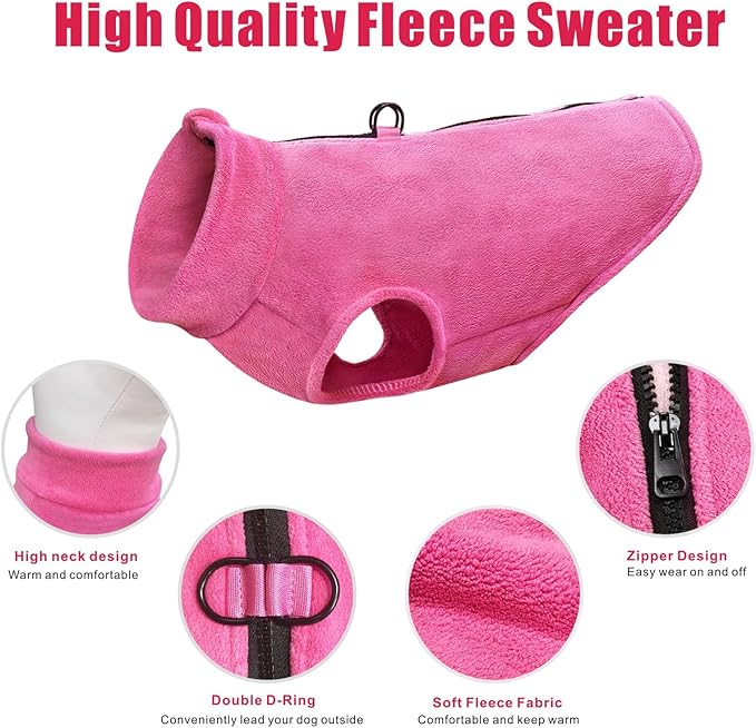 Idepet Dog Fleece Vest Sweater Zip Up Warm Pullover Dogs Jacket with D-Ring Leash Winter Cold Weater Coat Pet Sweatershirt Clothes Hoodie for Small Medium Dogs Boy Girl (Rose Red, S)