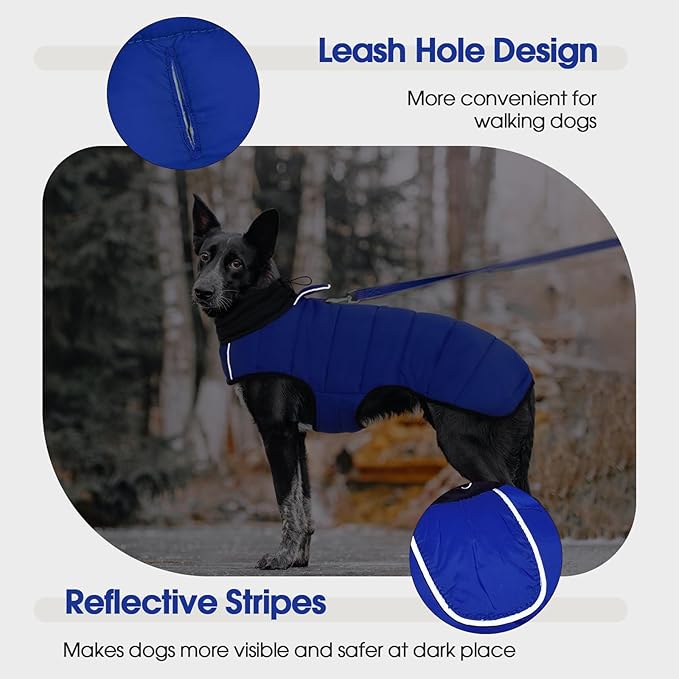 IDOMIK Dog Winter Coat, Warm Waterproof Dog Puffer Jacket with Harness Hole, Adjustable Reflective Snow Jacket Vest with Turtleneck, Pet Cold Weather Coats for Small Dogs,Blue,S