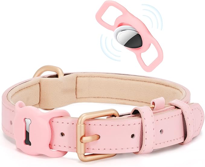 WHIPPY Airtag Leather Dog Collar GPS Tracker Air Tag Puppy Collar Adjustable Soft Leather Padded Dog Collar with Airtag Holder Case for Small Medium Large Dog Pet Backpack,Pink,L
