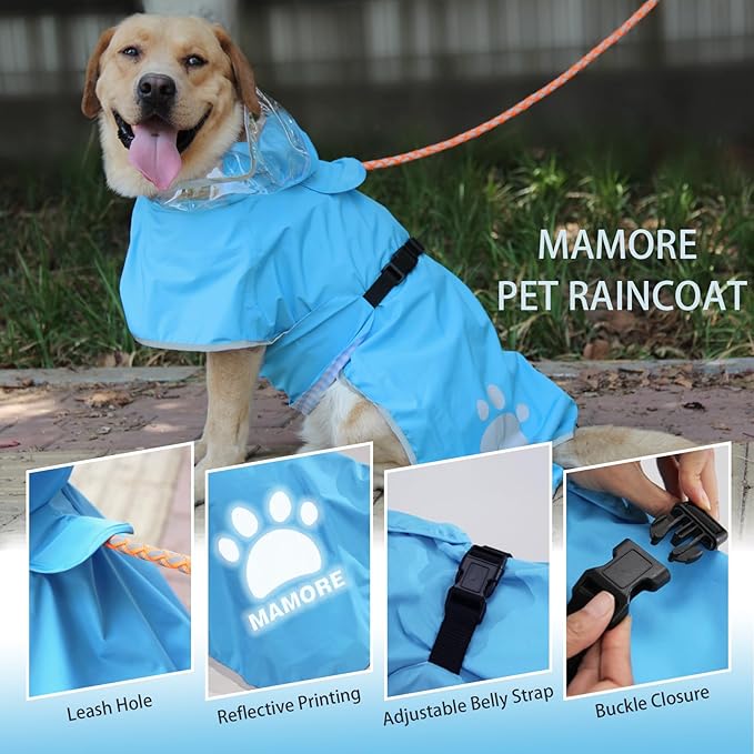Waterproof Dog Raincoat, Reflective Adjustable Hooded Dog Rain Coat, Lightweight Breathable Pet Rain Jacket Poncho Double Layer with Leash Hole for Small Medium Large Dogs (Blue, 3X-Large)