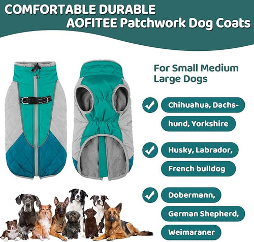 AOFITEE Dog Coat, Winter Jacket With Harness Built-in and Fleece Lined, Reflective Waterproof Pet Puffer for Small Medium Large Dogs, Green XL