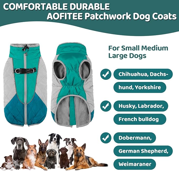 AOFITEE Dog Winter Coat, Dog Coat for Large Dogs, Reflective Large Dogs Jacket with Harness Built in and Fleece Lined, Waterproof Pet Winter Jacket Warm Snowsuit for Cold Weather, Green XXL
