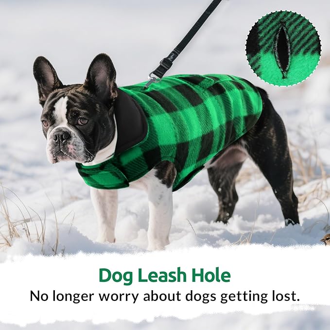 ASENKU Dog Winter Coat, Fleece Doggie Jacket Plaid Reversible Vest Waterproof Windproof Cold Weather Clothes for Small Medium Large Dogs (L, Green)