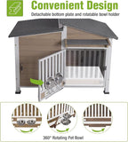 GUTINNEEN Dog House Outdoor Dog Kennel with Chew-Proof Metal Frame, Rotating Food Bowl, PVC Door Curtain, Weatherproof for Small Medium Dogs, 39.7" L x 25.5" D x 32.2" H (Light Brown)