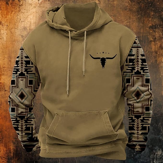 HOTYD Mens Western Aztec Sweatshirts Long Sleeve Fall Fashion Drawstring Pullover Vintage Graphic Cowboy Hoodie for Men