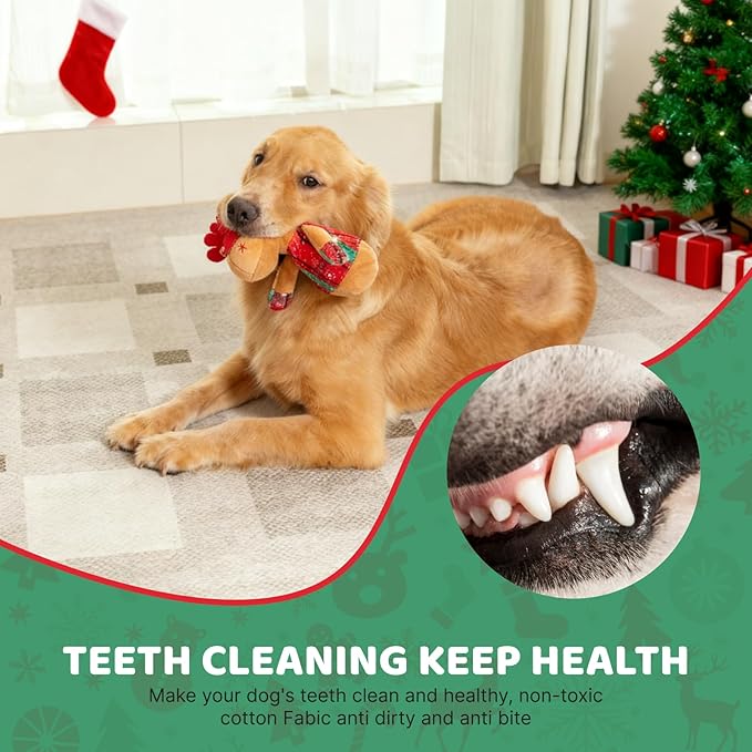 Christmas Dog Toys – Plush Reindeer & Snowman Holiday Set for Small and Medium Dogs, Soft Stuffed Chew Toys with Crinkle Ears, Festive Red Green Plaid, Cute Stocking Stuffer Gift