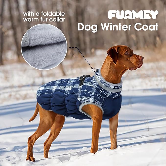 FUAMEY Dog Coat for Large Dogs,Waterproof Dog Winter Jacket with Harness Built in Puppy Cold Weather Coats Reflective Pet Vest with Zipper Warm Fleece Dogs Snowsuit Windproof Blue Plaid 2XL