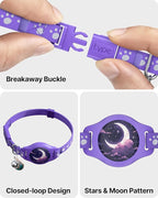 Cat Tracker Collar - Waterproof Airtag Cat Collar with Finder Tag (iOS ONLY), Compatible with Apple Find My, Breakaway Tractive Design with Reflective Pattern & Bell, Purple(Not for Android Devices)
