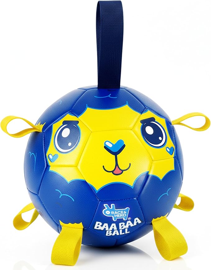 Race&Herd 9" Jolly Soccer Ball for Dogs - Tough Durable Dog Ball Toy with Straps, Pet Bouncy Herding Balls for Dogs, Floating Dog Balls with Tags for Water Fetch (BaaBaaBall, Daddy Sheep)