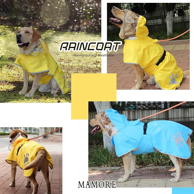 MAMORE Dog Raincoat Hooded Rain Jacket for Small Medium Large Dogs Slicker Poncho Bottom Waterproof Adjustable Reflective Breathable Leash Hole (Blue, X-Large)