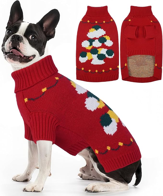 BRKURLEG Christmas Dog Sweaters for Cold Weather, Soft Warm Turtleneck Sweaters for Medium Dogs, Xmas New Year Pet Pullover Knitted Sweatshirt Outfit for French Bulldog,Pug (Red, M)