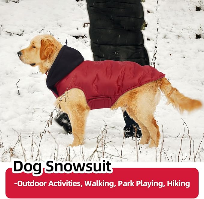 Nanaki Large Puffer Jacket for Dogs for Cold Weather-Warm Dog Winter Jacket with Leash Hole, Lightweight Windproof Puffer Vest with Hood for Outdoor Activities, Snowsuit Halloween Christmas, Red