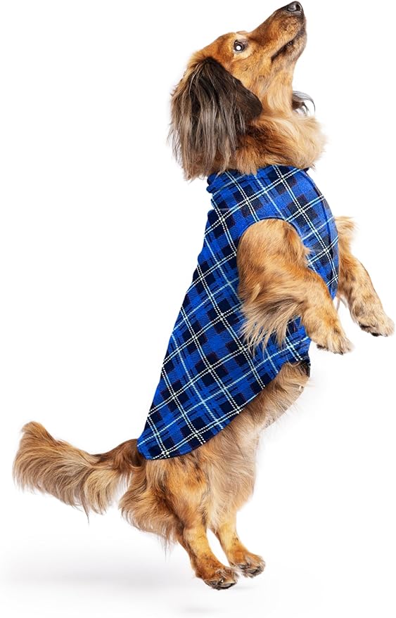 Goldpaw Stretchy Fleece Jacket for Small Dogs - Super Soft, Warm Dog Sweater - Pet Sweater Vest for Fall and Winter - Canine Clothes Made in The USA - Machine Washable - Blue Plaid - Size 12