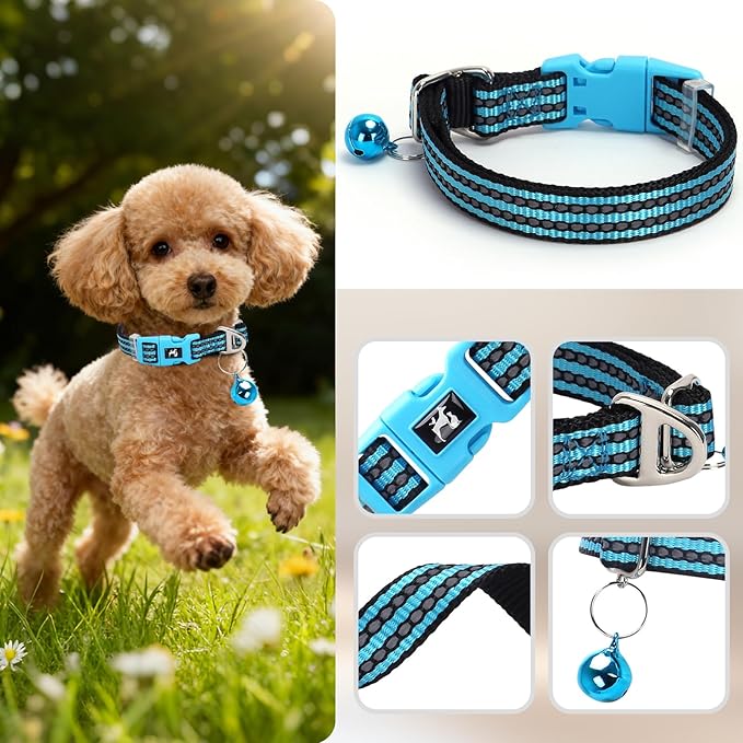 Reflective Dog Collar with Bell - Hypoallergenic Adjustable Nylon Puppy Collar for Night Safety, Soft Comfort Fit Small Dogs & Cats, Blue Small