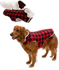 Furhaven Reversible Large Dog Coat, Washable & Insulating w/ Leash Access - Sherpa & Plaid Fleece Flex-Fit Jacket - Cream/Red, Large