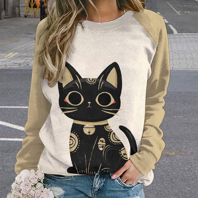 Abstract Cute Cat Shirts for Women Long Sleeve Lady Crewneck Pullover Sweatshirt Fall Winter Oversized Tops