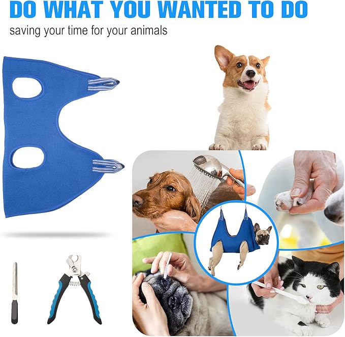 10 in 1 Dog Pet Grooming Hammock Harness with Nail Clippers/Trimmer, Dog Hammock for Nail Trim, Grooming Sling Hanger for Nail Trimming/Clipping (S/Under 30lb, Blue)