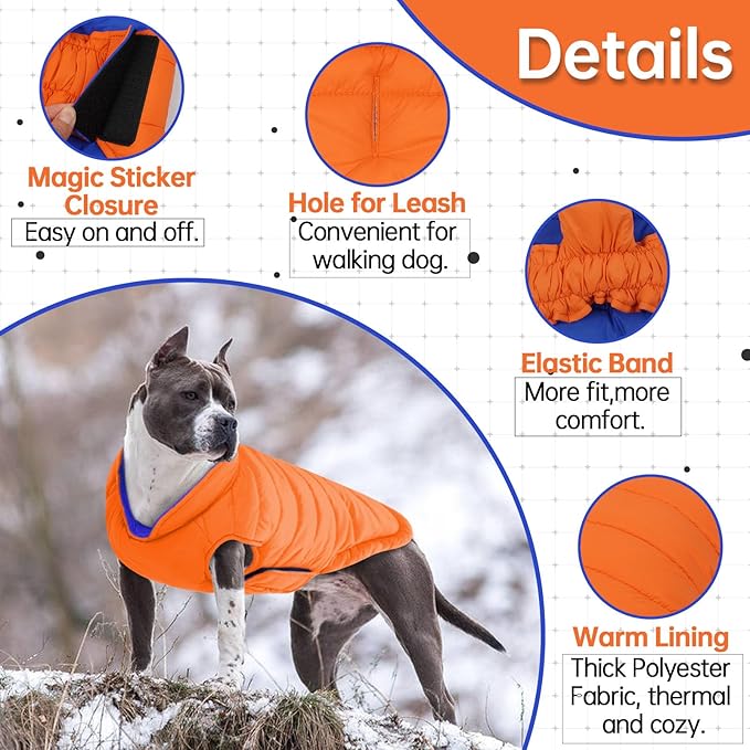 Lelepet Reversible Dog Coat Waterproof Dog Jacket Windproof Puffer Vest for Winter Warm Lightweight Coats for Small Dogs Adjustbale Hook & Loop Pet Apparel with Leash Hole, Chihuahua, Orange, XS