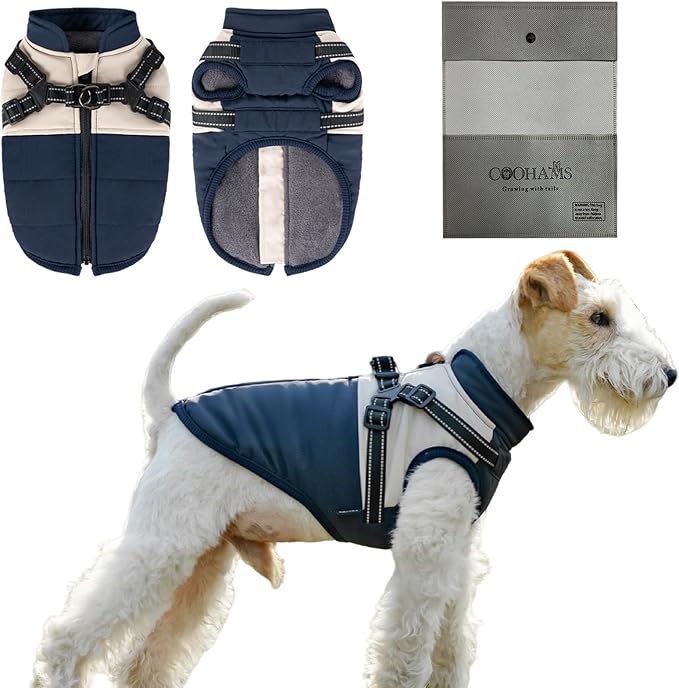 Dog Winter Coat for Small & Medium Dogs (Up to 31lb), Waterproof Dog Coat with Harness, Puppies Windproof Puppy Puffer Jacket, Snowsuit for Dachshund,Frenchie, Corgi (Classic Blue, Large)