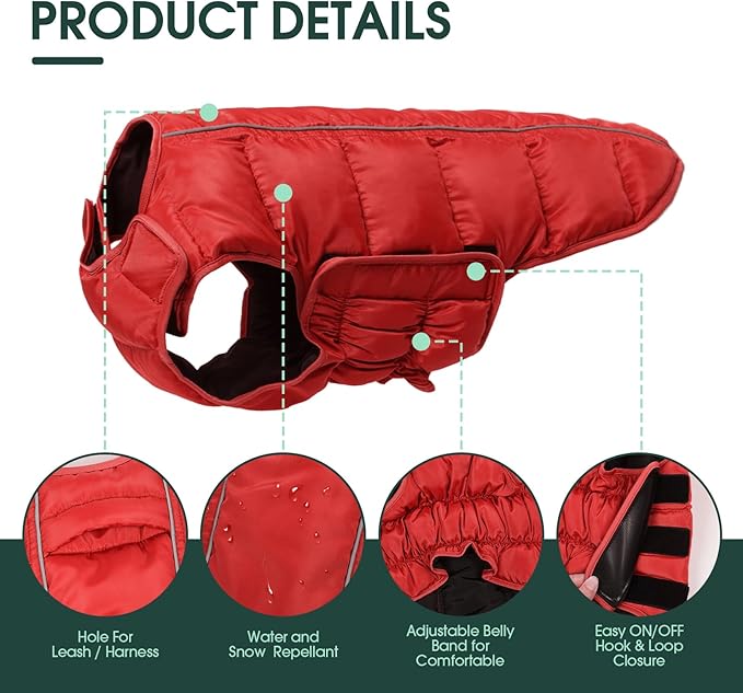 Kuoser Dog Puffer Jacket Warm Dog Coat for Extra Small Dogs, Windproof Reflective Pet Padded Vest Cold Weather Clothes Puppy Snowsuit with Hook & Loop Coats, Easy On/Off, Red XS