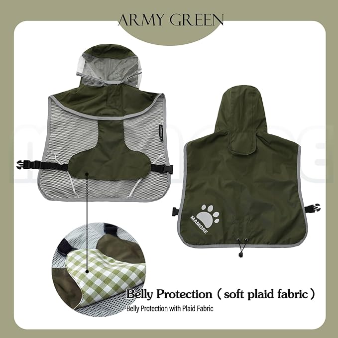 MAMORE Dog Raincoat Hooded Rain Jacket for Small Medium Large Dogs Slicker Poncho Bottom Waterproof Adjustable Reflective Breathable Leash Hole (Army Green, XX-Large)