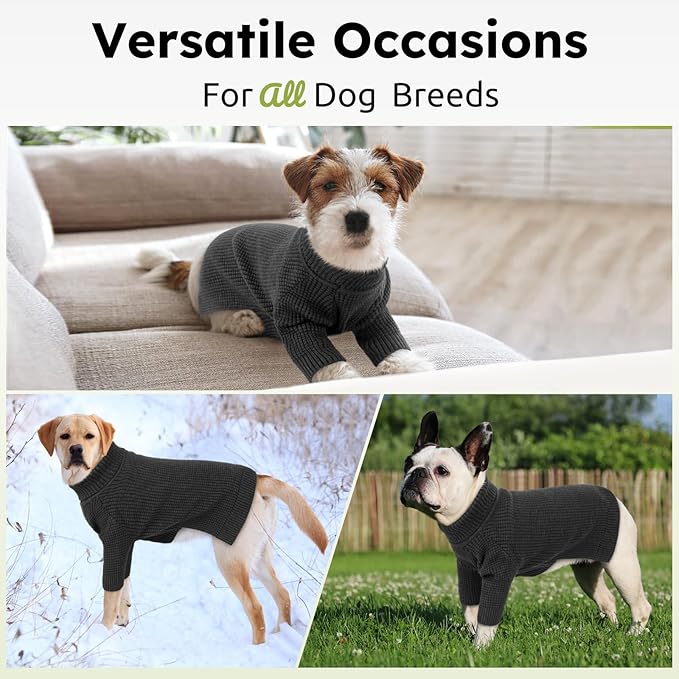 Queenmore Turtleneck Long Sleeve Knitted Sweater with Check Pattern, Warm Dog & Cat Sweater for Small to XXL, Charcoal Gray