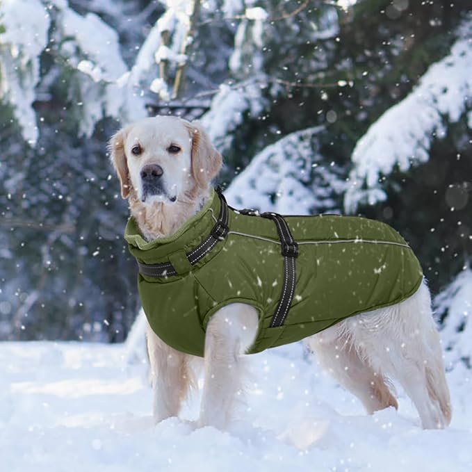 Lelepet Dog Coat for Large Dogs Waterproof Dog Jacket with Harness Built in Reflective Fleece Jacket with Zip Cold Weather Coats for Dogs Cozy Thermal Pet Snowsuit, Weimaraner, Army Green, XXL