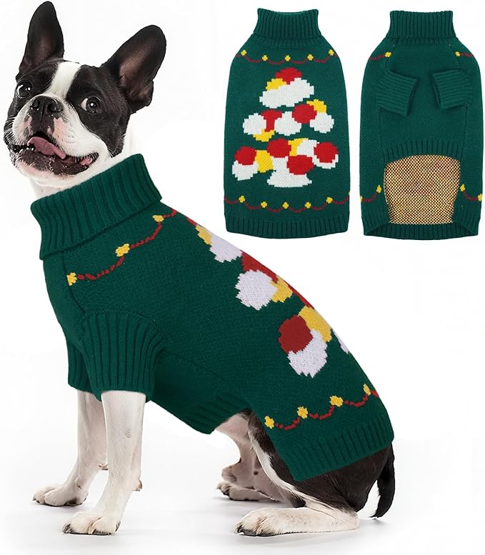 BRKURLEG Dog Sweaters, Christmas Dog Sweaters for Medium Dogs, Turtleneck Warm Pet Sweater for Cold Weather, Xmas, New Year, Pet Winter Knitted Sweatshirt Outfit for French Bulldog,Pug (Green, M)