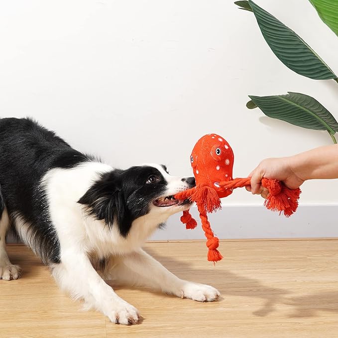 Dog Toys, Dog Plush Toy for Large Breed, Cute Squeaky Dog Toys with Rope Legs, Stuffed Animal Dog Chew Toys for Puppy, Small, Middle, Big Dogs (Red(Octopus))