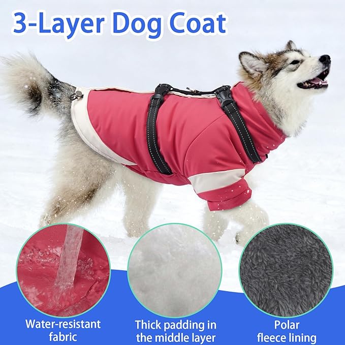 MIGOHI Dog Coat with Harness Built in, 2-in-1 Thermal Dog Jacket, Reflective Snowsuit for Large Dogs, Fleece Lined with Turtleneck, Adjustable Buckle Coats, Border Collies, Pink, XL