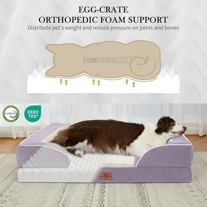 Comfort Expression Orthopedic Dog Bed for Large Dogs 38x25 Inch, Waterproof Supportive Egg Crate Foam Large Pet Bed with Removable Bolsters, Dog Couch with Washable Cover & Non-Slip Bottom, Purple