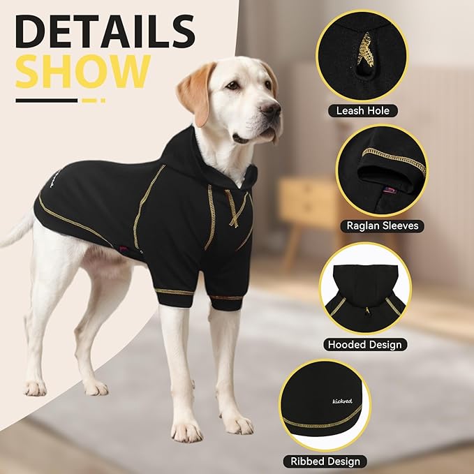 Basic Dog Hoodie Sweatshirts, Pet Clothes Hoodies Sweater with Hat and Leash Hole, Soft Cotton Outfit Coat for Large Medium Small Dogs, Black (Large)
