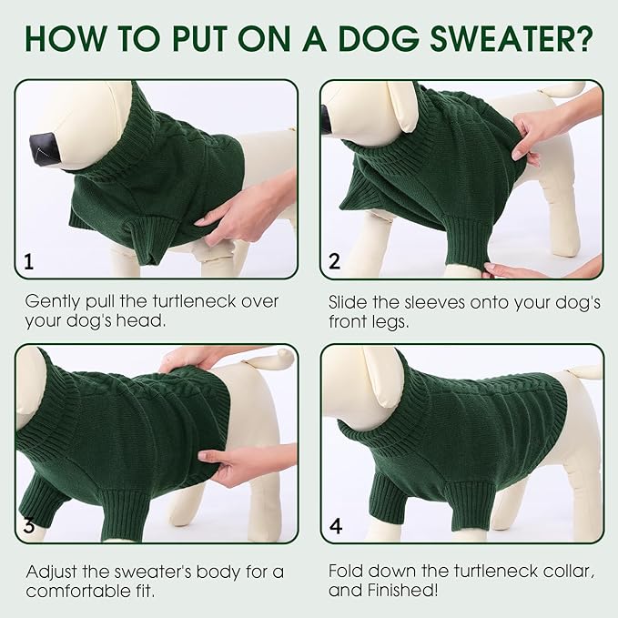 Dog Sweaters for Large Dogs Classic Turtleneck Dog Christmas Sweater Thick Warm Pullover Male Puppy Pet Stretch Knitwear Fall Winter Clothes with Leash Hole(Green, XL)