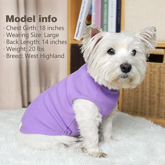 KYEESE 2Pack Dog Shirts Waffle for Small Dogs, Stretchy T-Shirts, Lightweight Tank Top, Sleeveless Vest, Breathable, Large, Purple + Grey