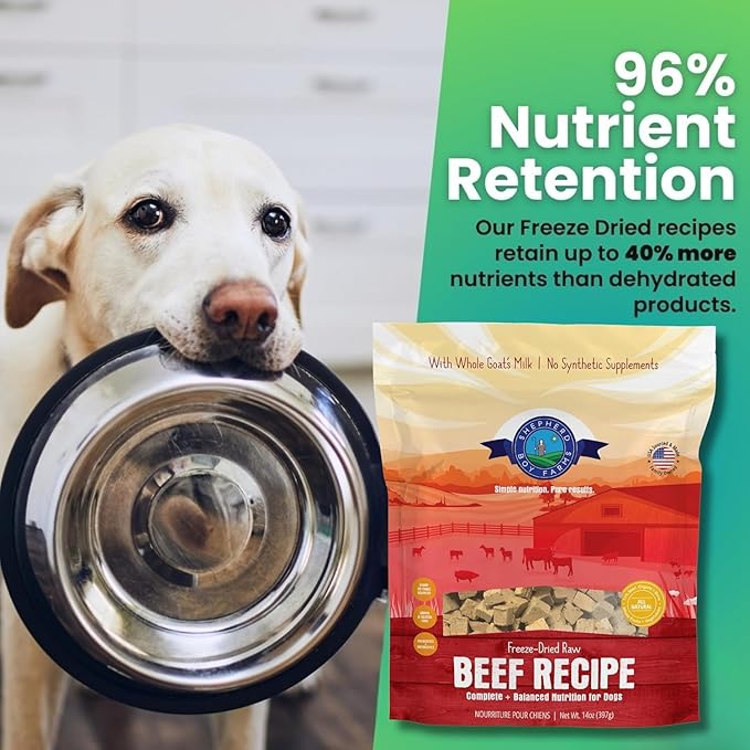 Shepherd Boy Farms Freeze Dried Raw Dog Food, Beef Recipe, All Natural, No Synthetics, Made in USA with Goat's Milk & Organic Produce, High Protein, Complete Meal (48oz)