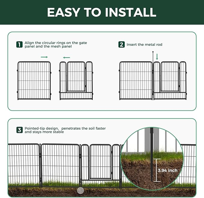 FXW Garden Fence Outdoor for The Yard – 24in(H) x 30.4ft(L) Heavy Duty Metal Animal Barrier for Dog and Rabbit, Decorative Dog Fence, 16 Panels, Black