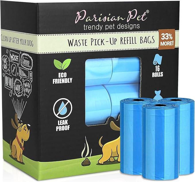 Parisian Pet Ecofriendly Dog Poop Bags Rolls - 320 Count Unscented Poop Bags For Dogs - Leakproof, Extra Thick, 16 Dog Waste Bags Refill Rolls - Stripped Blue Doggie Poop Bags - Fits All Dispenser