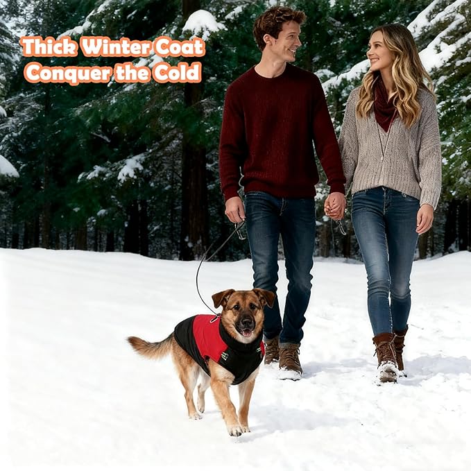 Fleece Lined Dog Coats Extra Warm Dog Winter Coat,Waterproof Dogs Jacket for Medium to Large Dogs,Cold Weather Winter Clothes Turtleneck Windproof Reflective Pet Vest (Red & Black, 3XL)