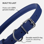 CollarDirect Rolled Leather Dog Collar, Soft Padded Round Puppy Collar, Handmade Genuine Leather Collar Dog Small Large Cat Collars 13 Colors (13-16 Inch, Deep Blue Smooth)