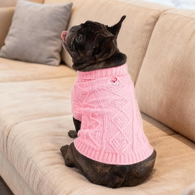 PUPTECK Dog Sweater, Turtleneck Warm Knitted Pullover Coat, Thick Cable Knitwear Clothes in Winter, Pet Apparel Outfits for Small Medium Dogs, for Cold Weather Indoor & Outdoor, Pink M