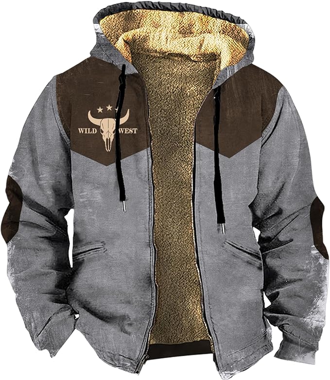 Men's Western Aztec Jackets Hooded Cowboy Hoodie Warm Full Zip Ethnic Vintage Long Sleeve Coat Fall Winter Tops