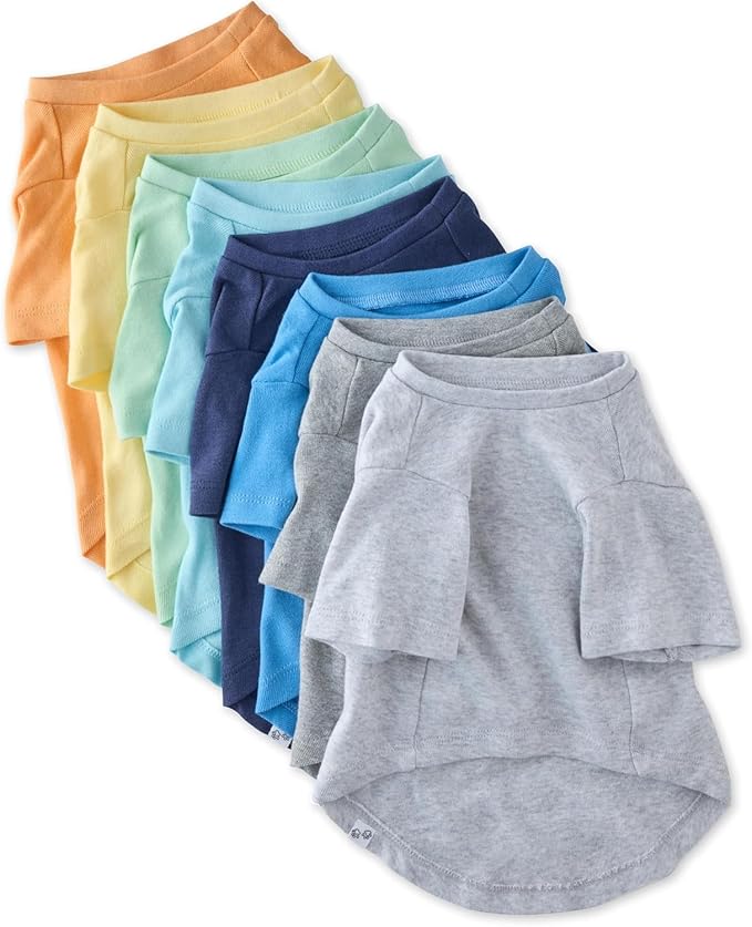 Toby II - The Perfect Tee, 8 Pack Short Sleeve Pet T-Shirt 100% Organic Cotton Tees Clothes for Small, Medium, Large Dogs, Rainbow Blue, X-Small