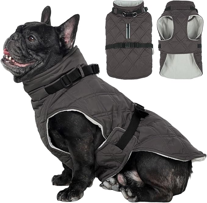 Kuoser Dog Coat Warm Fleece Lining Turtleneck Dog Jacket with Harness Built-in, Adjustable Windproof Cold Weather Coats with Quick Release Buckle Pet Winter Snowsuit for Small Dogs, Grey S