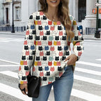 Women's Cat Printed Sweater Oversized Cable Knit Long Sleeve Christmas Clothes Casual Autumn Winter Fashion Tops