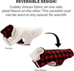 Furhaven Reversible Large Dog Coat, Washable & Insulating w/ Leash Access - Sherpa & Plaid Fleece Flex-Fit Jacket - Cream/Red, Large