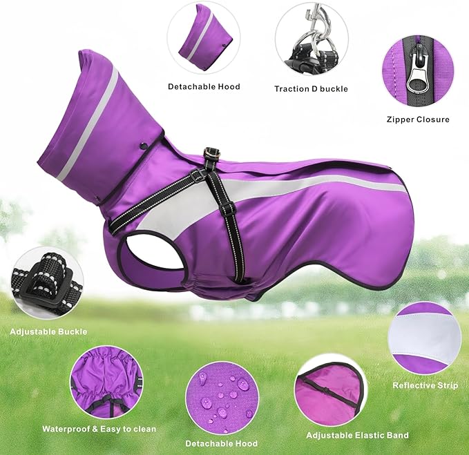 Mosucoirl Dog Raincoat Waterproof Raincoats for Dog Reflective Dogs Rain Jackets with Hood Hoodie Pet Rain Poncho Coat for Small Medium Large Dogs Puppies S-XXL (Purple, M)