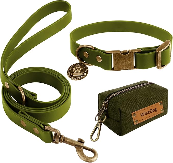 Wisedog Dog Collar and Leash Set, Waterproof Adjustable Puppy Collars with Cute Tag 6FT Dog Leash with Poop Bag for Small Medium Large Dogs (XS, Green)